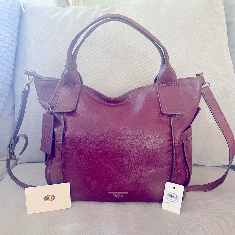Fossil Emerson Satchel Deep Wine Color with FREE wallet